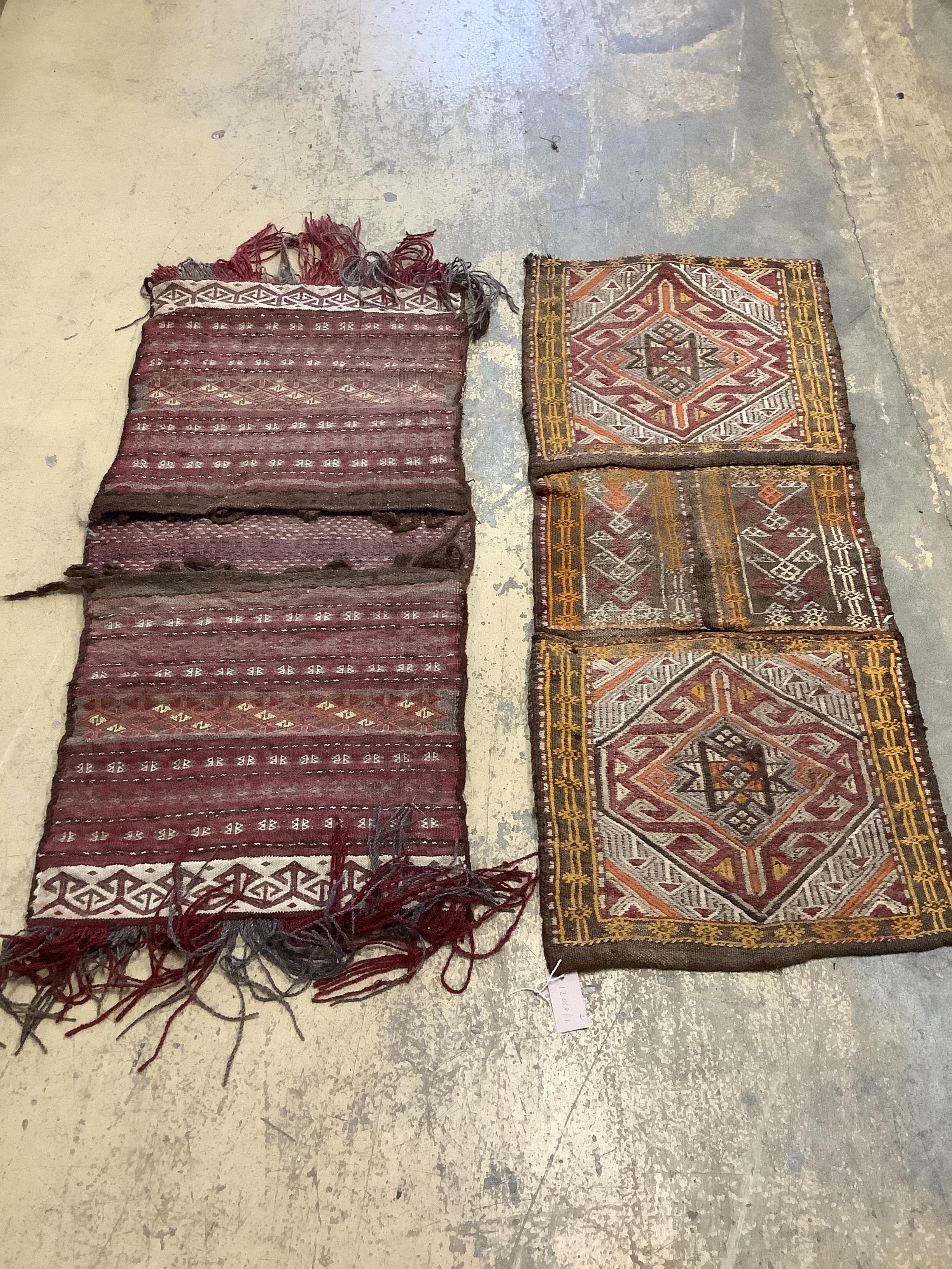 Two geometric polychrome saddlebags, larger 120 x 48cm